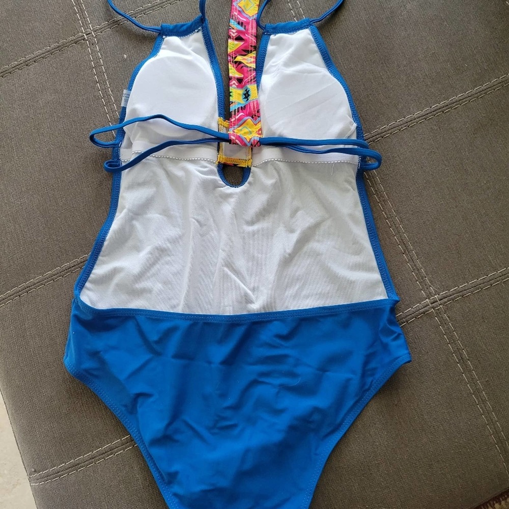NEW Blue Plunging Racer-back One Piece Swimsuit - Picture 6 of 7
